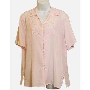 Claudia Richard Blouse Size 14 Pink Vintage 80's Button Front Embroidered Trim